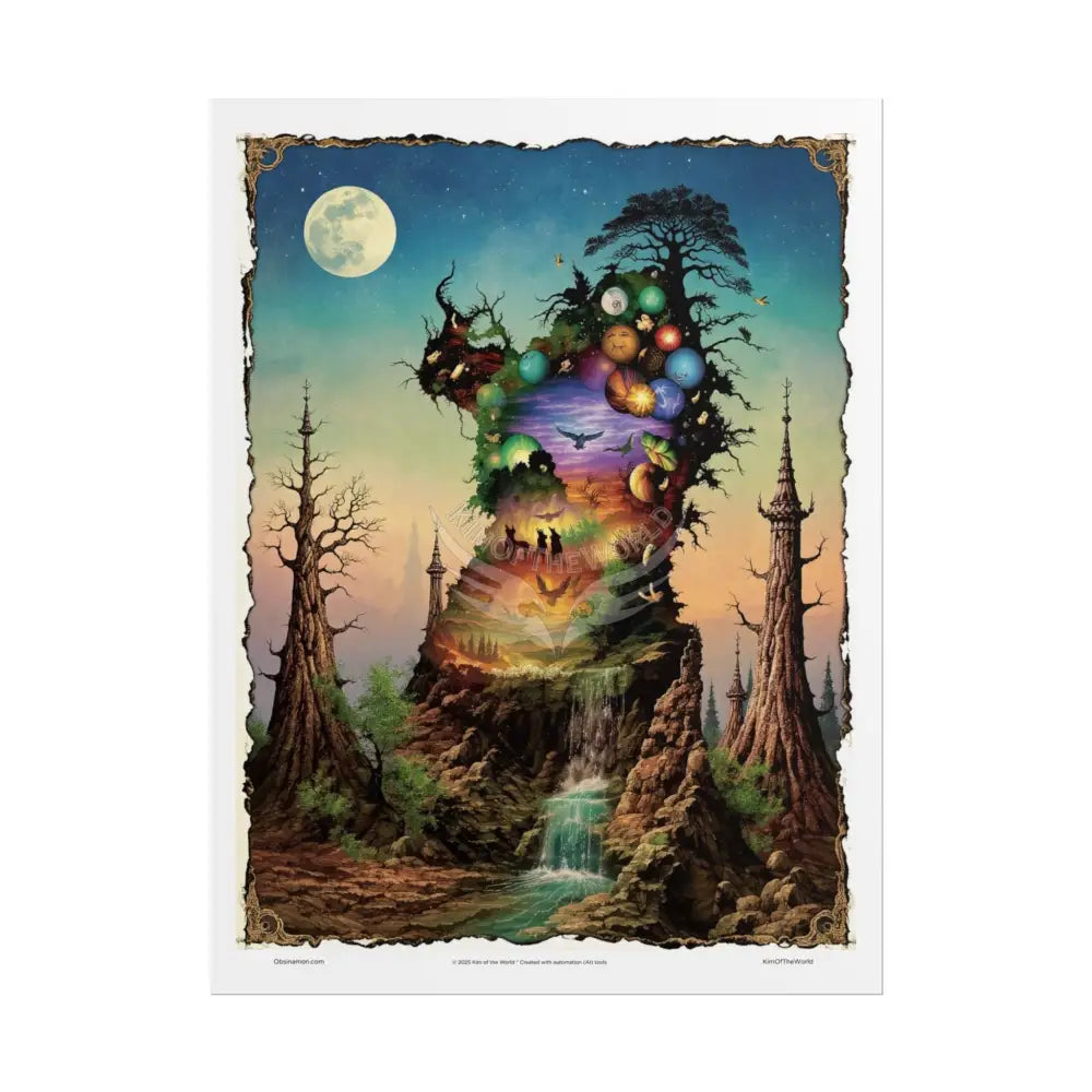Unusual Giant NightScape Wonderland Celestial Fantasy Waterfall Gothic Art Poster — Exclusive Blender Diorama Rolled