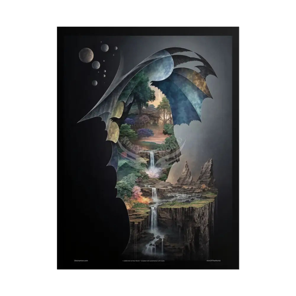 Unusual Giant NightScape Wonderland Celestial Fantasy Waterfall Gothic Art Poster — Exclusive Blender Diorama Rolled