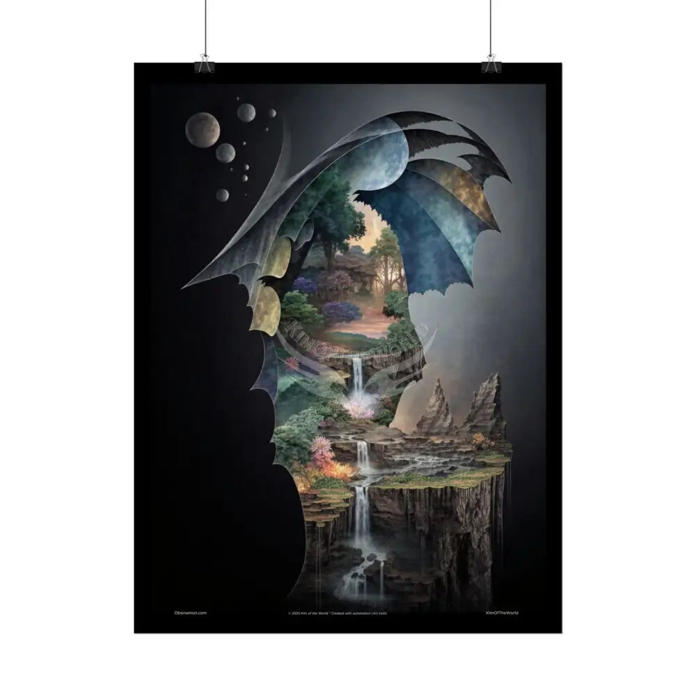 Unusual Giant NightScape Wonderland Celestial Fantasy Waterfall Gothic Art Poster — Exclusive Blender Diorama Rolled