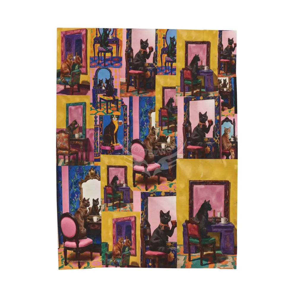 Velveteen Plush Blanket — Art Nouveau Vanity Cat Print Throw 60’’ × 80’’ All Over Prints