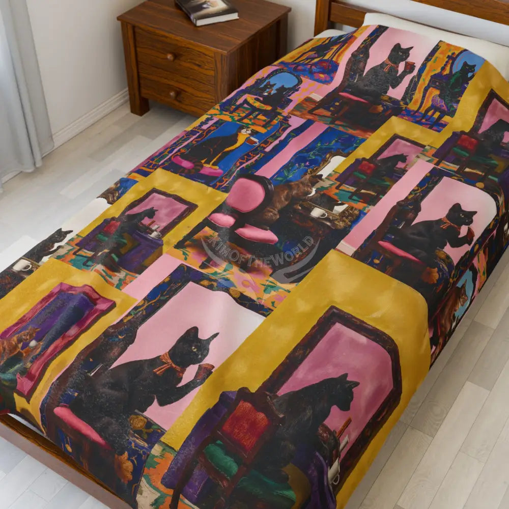 Velveteen Plush Blanket — Art Nouveau Vanity Cat Print Throw 60’’ × 80’’ All Over Prints