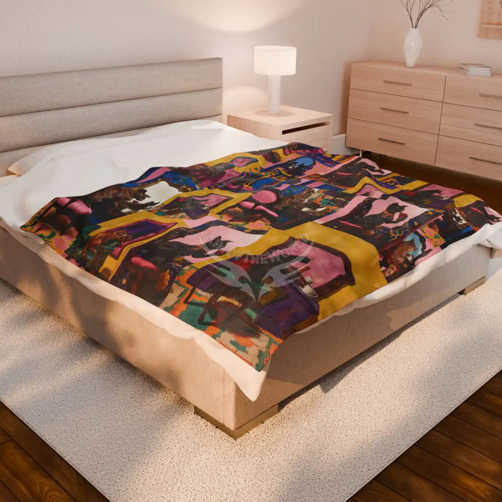 Velveteen Plush Blanket — Art Nouveau Vanity Cat Print Throw 60’’ × 80’’ All Over Prints