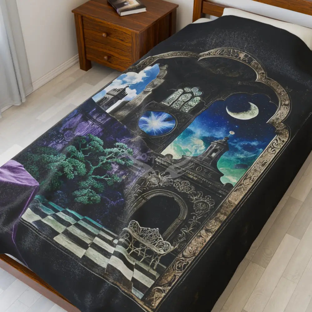 Velveteen Plush Blanket — Gothic Moonlit Castle Scene Throw 60’’ × 80’’ All Over Prints