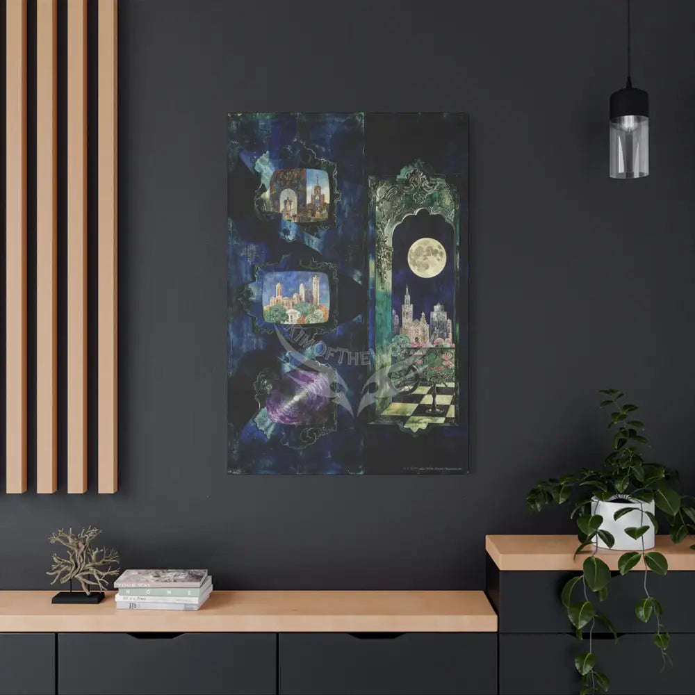 Vintage Green & Blue Nostalgic Pattern Matte Canvas — Stretched Wall Art Canvas