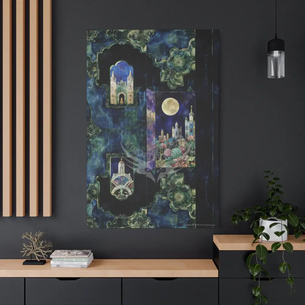 Vintage Green & Blue Nostalgic Pattern Matte Canvas — Stretched Wall Art 40’’ x 60’’ (Vertical) / 1.25’’ Canvas