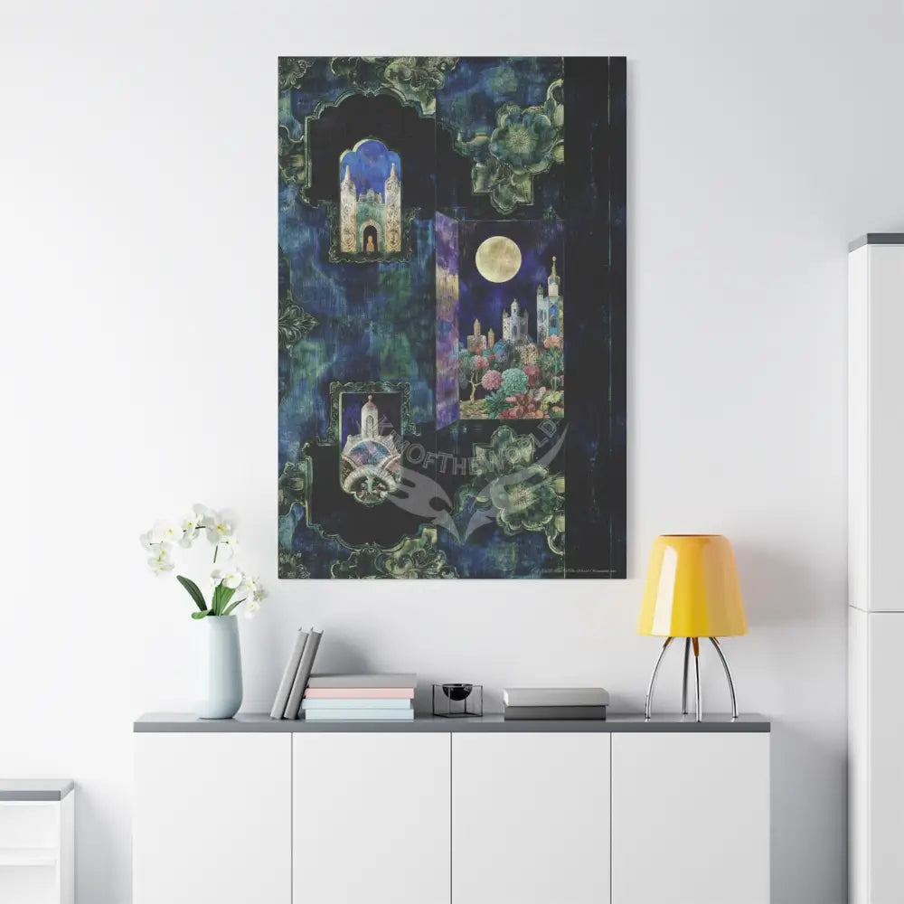 Vintage Green & Blue Nostalgic Pattern Matte Canvas — Stretched Wall Art 40’’ x 60’’ (Vertical) / 1.25’’ Canvas