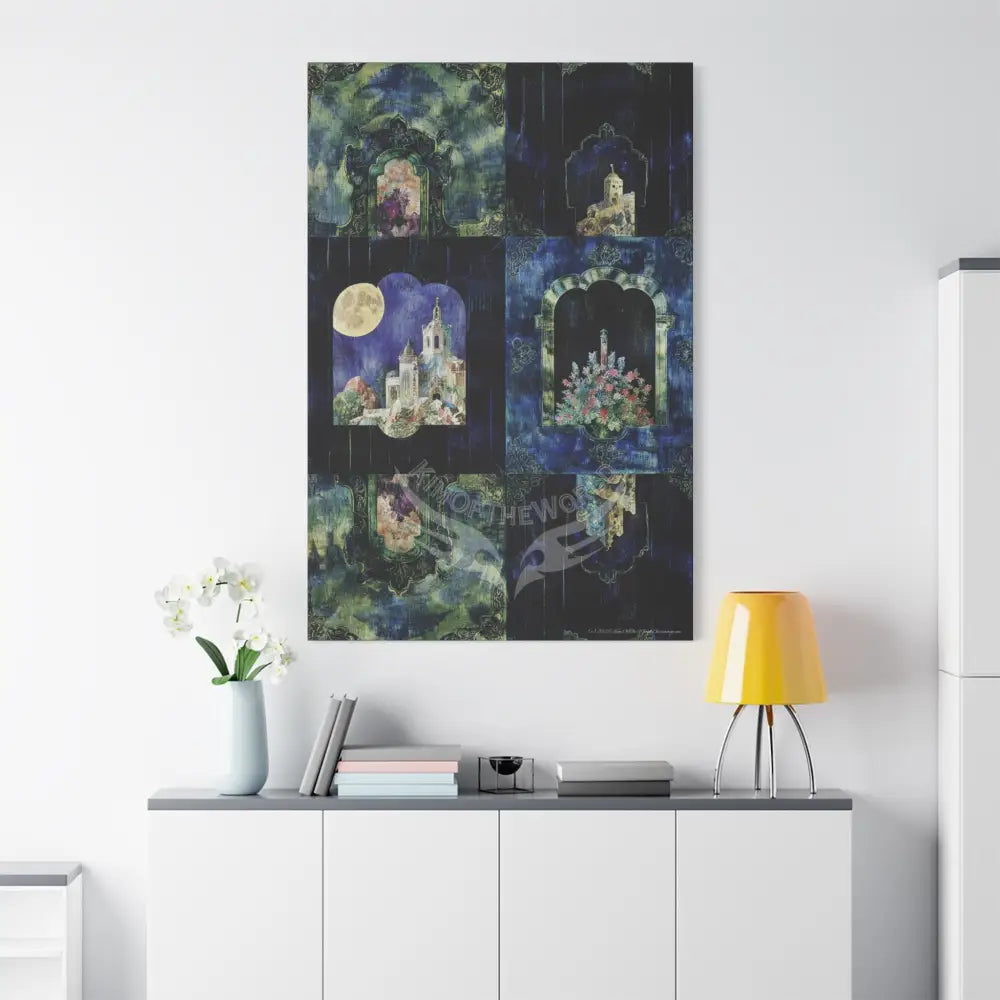 Vintage Green & Blue Nostalgic Pattern Matte Canvas — Stretched Wall Art 40’’ x 60’’ (Vertical) / 1.25’’ Canvas