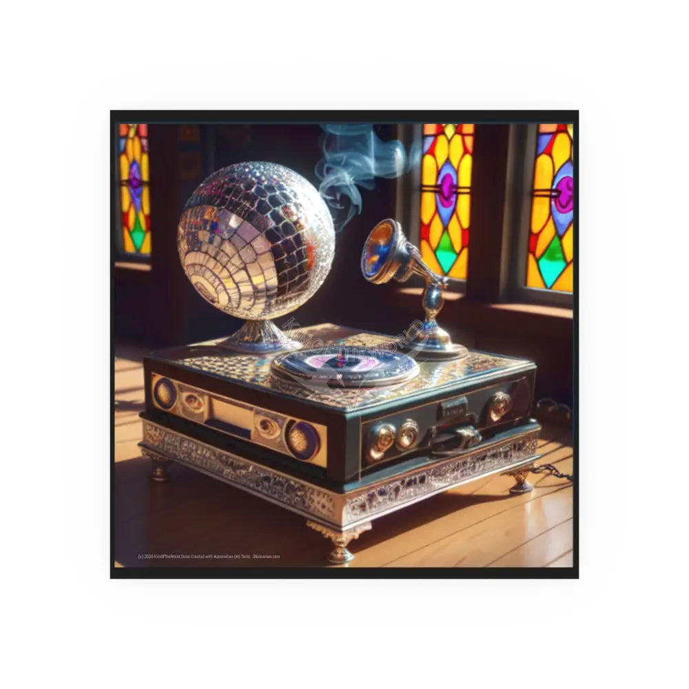 Vintage Hi Fi Stereo with Record Player and Disco Ball — Square Poster 16’’ x 16’’ / Satin Poster