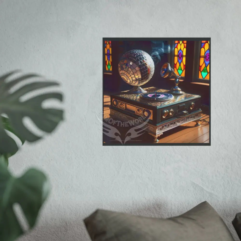 Vintage Hi Fi Stereo with Record Player and Disco Ball — Square Poster Poster