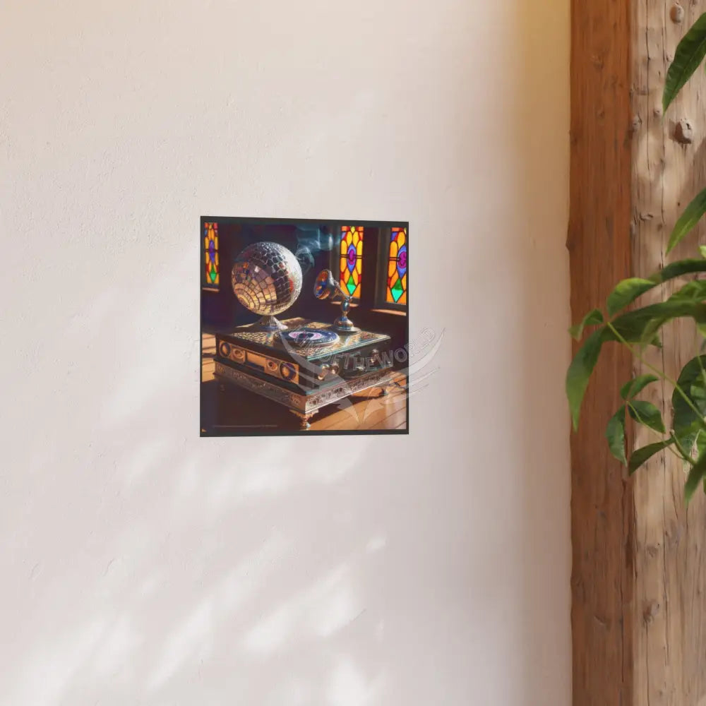Vintage Hi Fi Stereo with Record Player and Disco Ball — Square Poster Poster