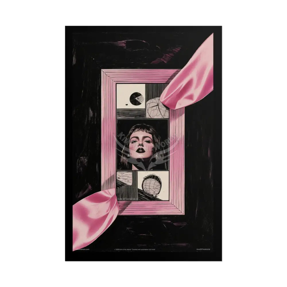 Vintage Nouveau Cat & Record Player Girl Poster — Pink Satin Retro Music Art (Rolled Poster) 20″ x 30″ (Vertical)