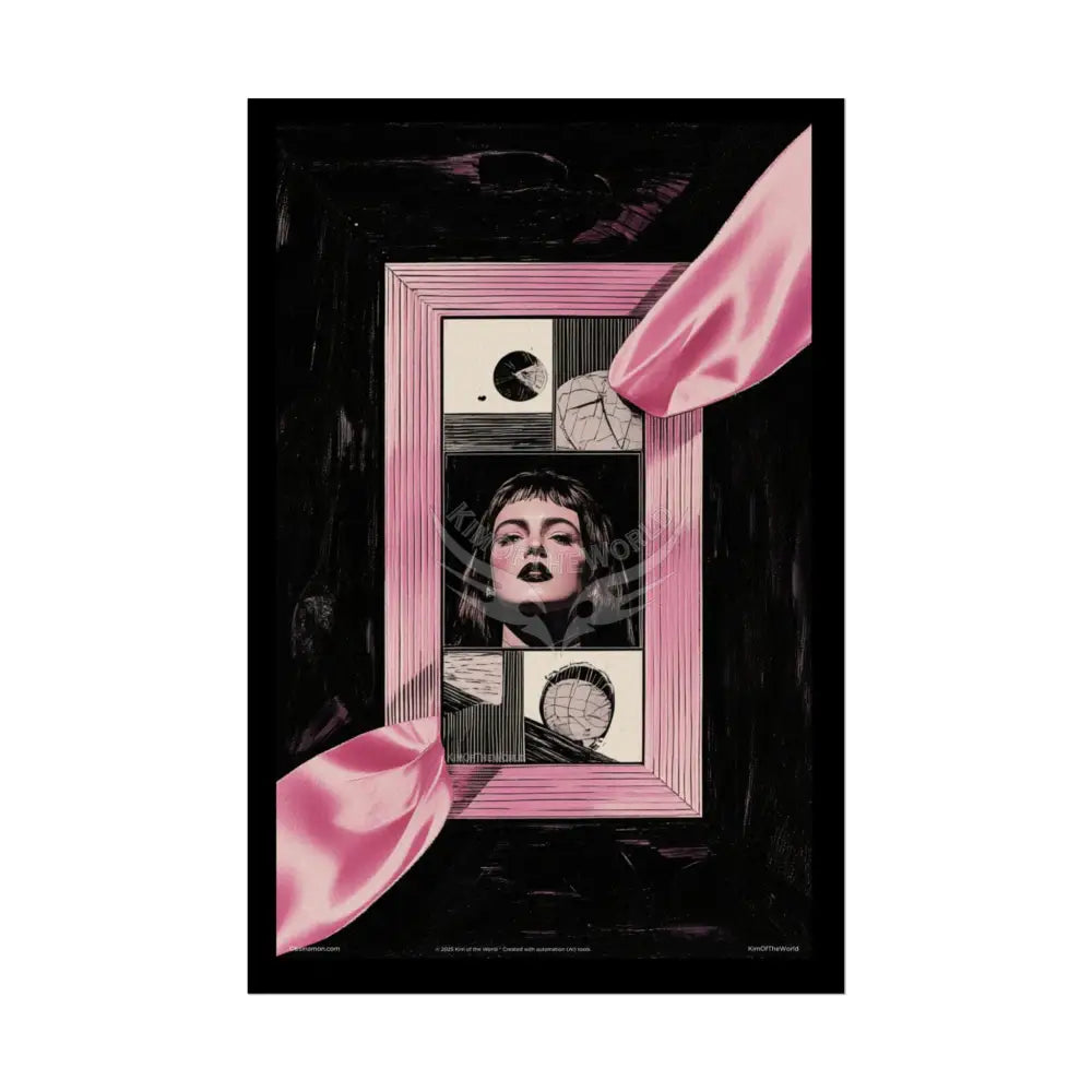 Vintage Nouveau Cat & Record Player Girl Poster — Pink Satin Retro Music Art (Rolled Poster) 20″ x 30″ (Vertical)