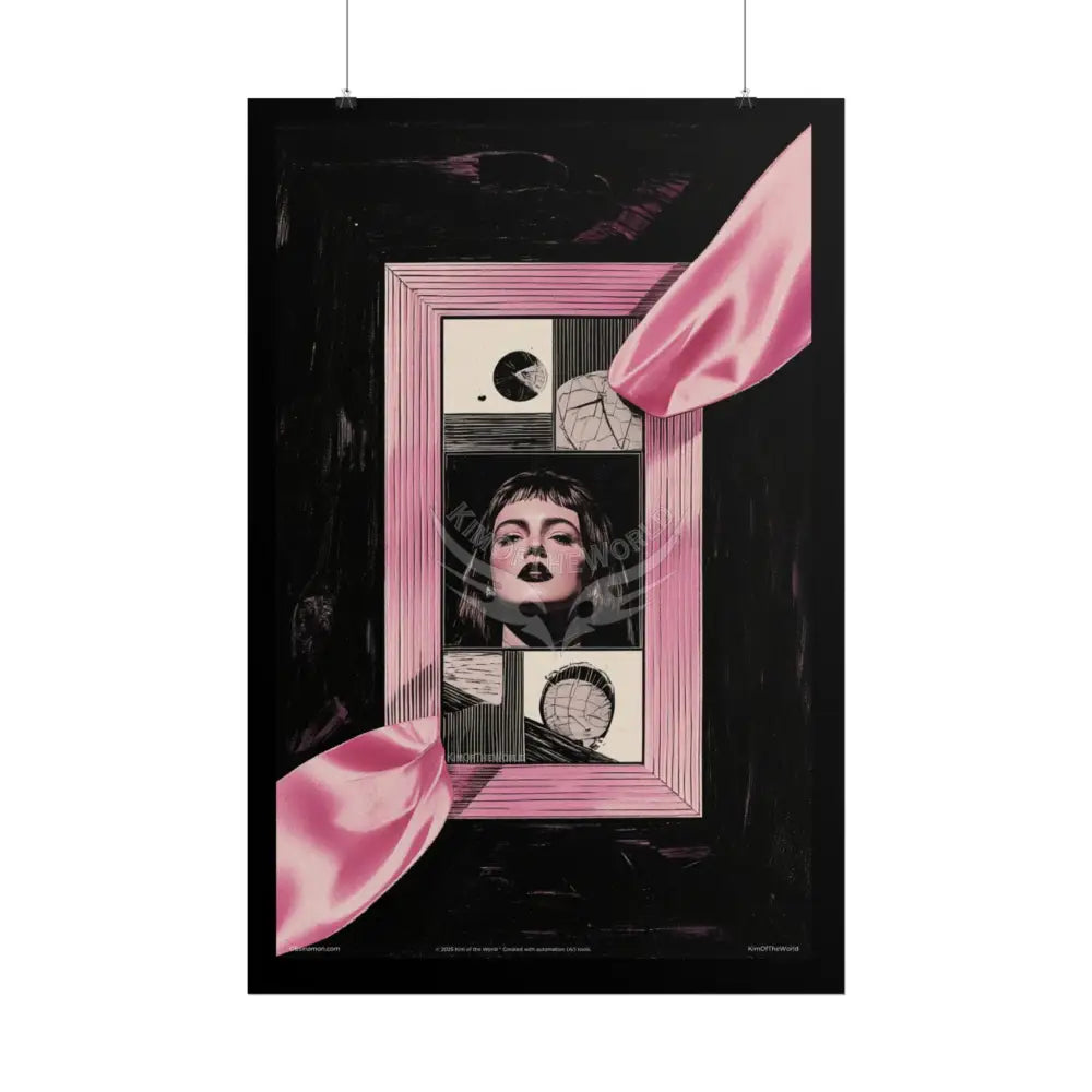 Vintage Nouveau Cat & Record Player Girl Poster — Pink Satin Retro Music Art (Rolled Poster) Poster