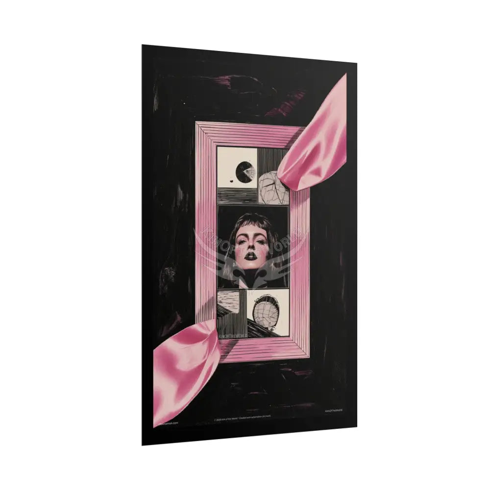 Vintage Nouveau Cat & Record Player Girl Poster — Pink Satin Retro Music Art (Rolled Poster) Poster