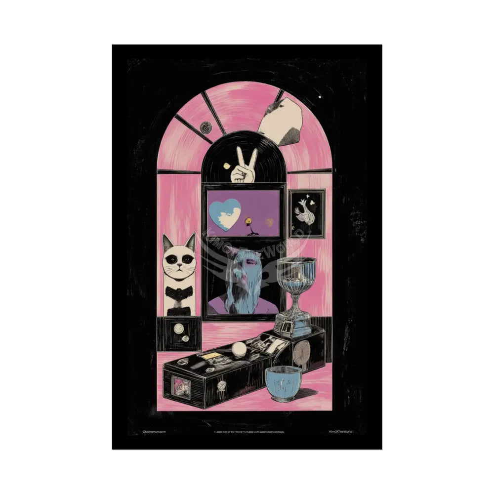 Vintage Nouveau Cat & Record Player Girl Poster — Pink Satin Retro Music Weird Art (Rolled Poster) 20″ x 30″ (Vertical)