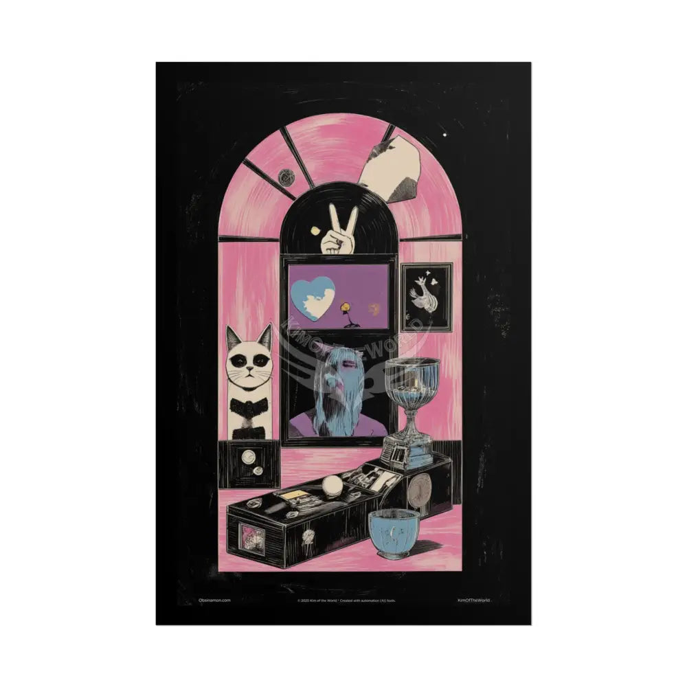 Vintage Nouveau Cat & Record Player Girl Poster — Pink Satin Retro Music Weird Art (Rolled Poster) 24’’ x 36’’