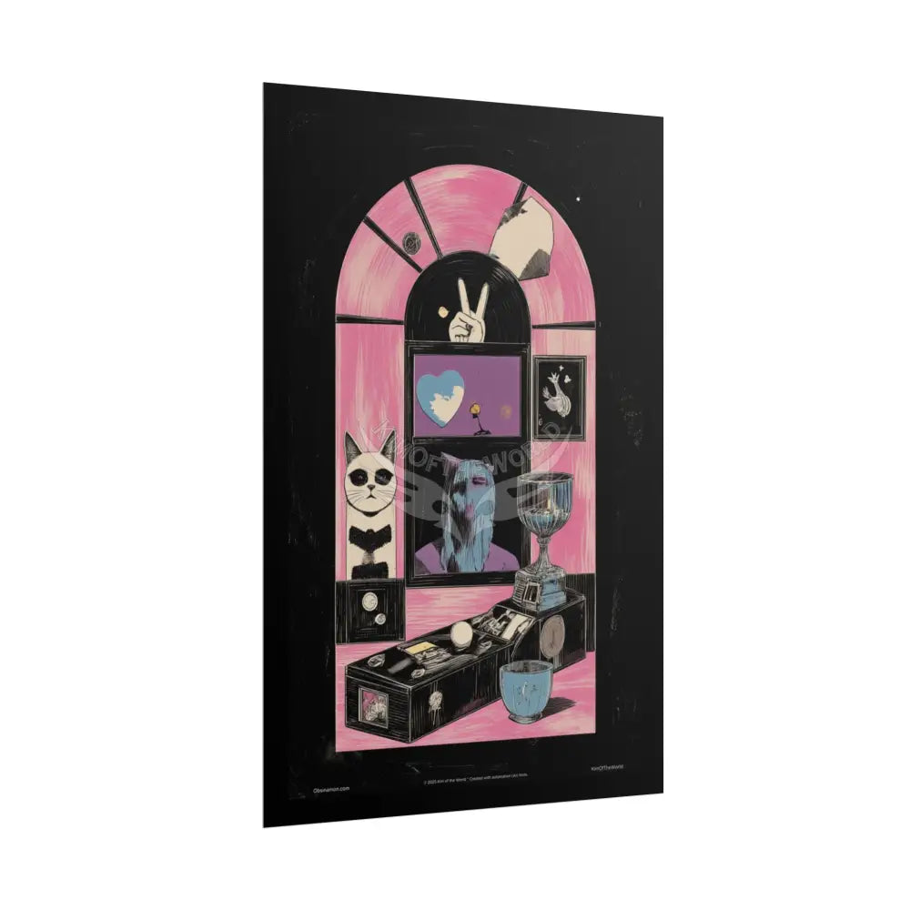 Vintage Nouveau Cat & Record Player Girl Poster — Pink Satin Retro Music Weird Art (Rolled Poster) Poster