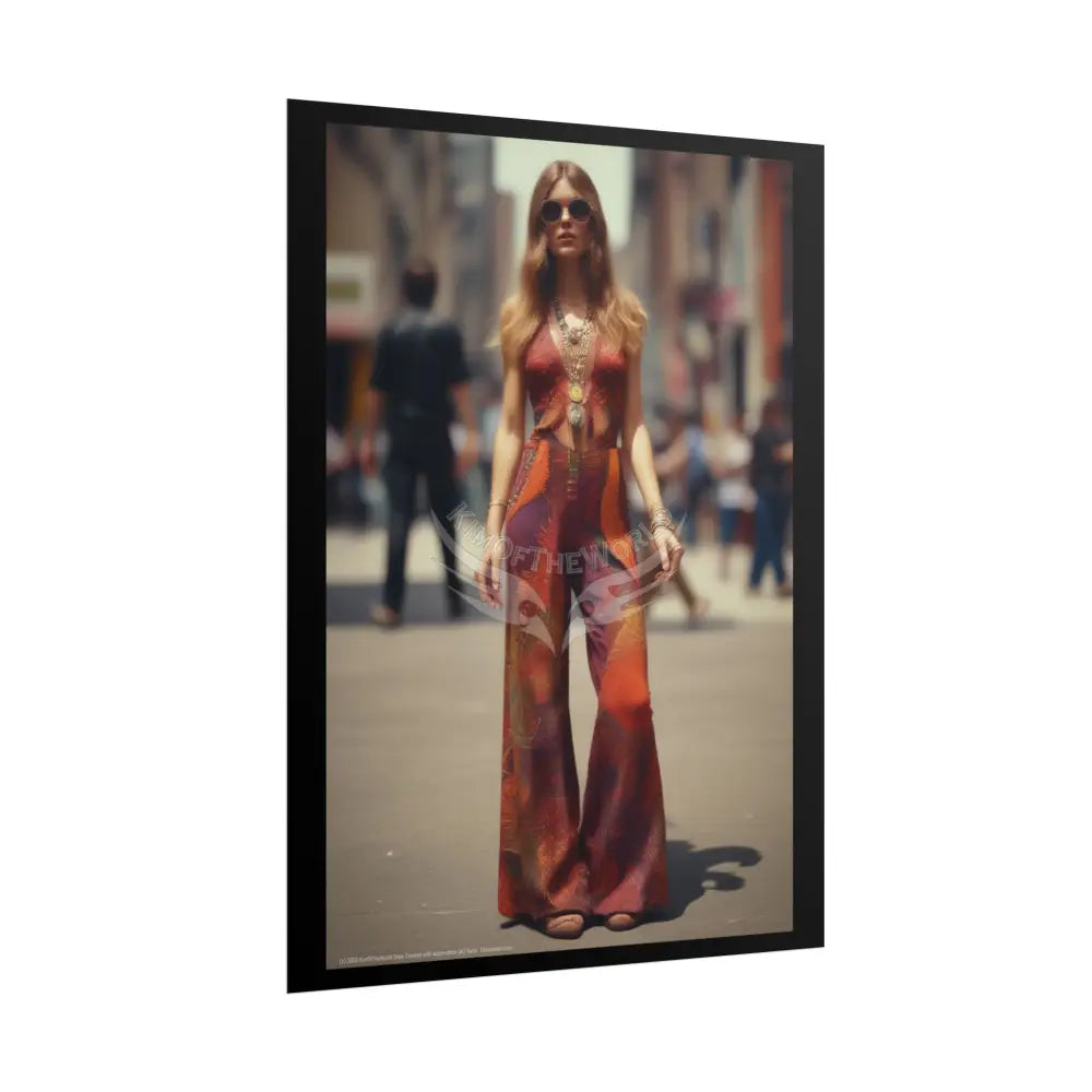 Vintage Retro 70’s Street Fashion Girl BellBottom JumpSuit Rolled Posters — Subtle Giantess Tall Girl Wall Art Poster