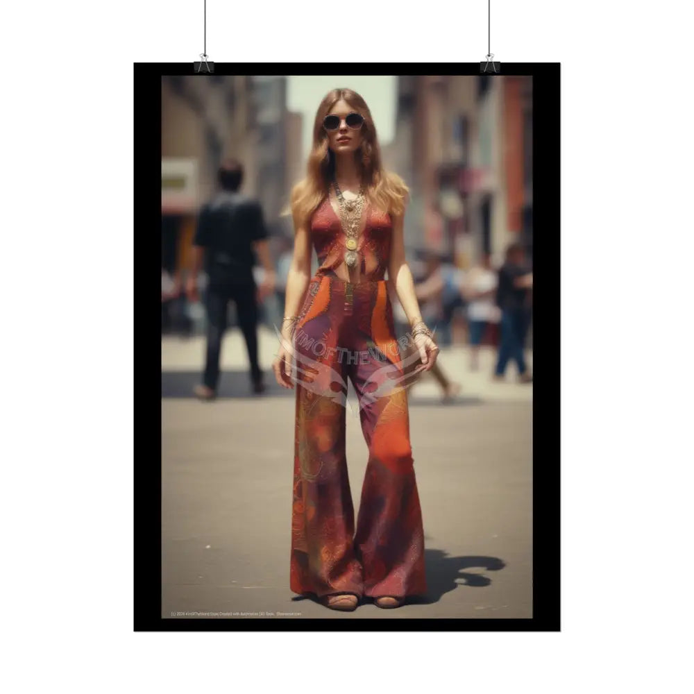 Vintage Retro 70’s Street Fashion Girl BellBottom JumpSuit Rolled Posters — Subtle Giantess Tall Girl Wall Art Poster