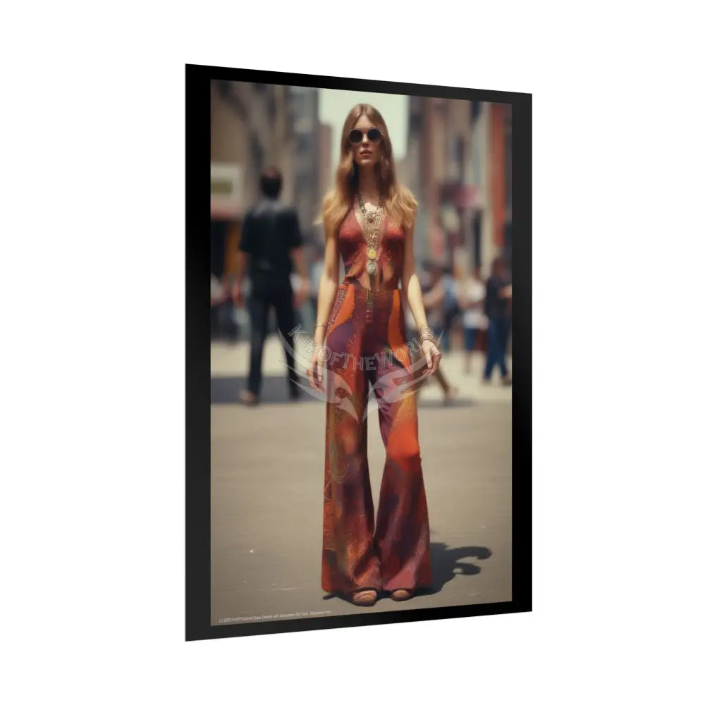 Vintage Retro 70’s Street Fashion Girl BellBottom JumpSuit Rolled Posters — Subtle Giantess Tall Girl Wall Art Poster