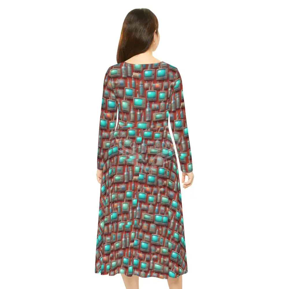 Vintage TV Wallpaper Print with Turquoise Dress – Women’s Long Sleeve AOP L All Over Prints