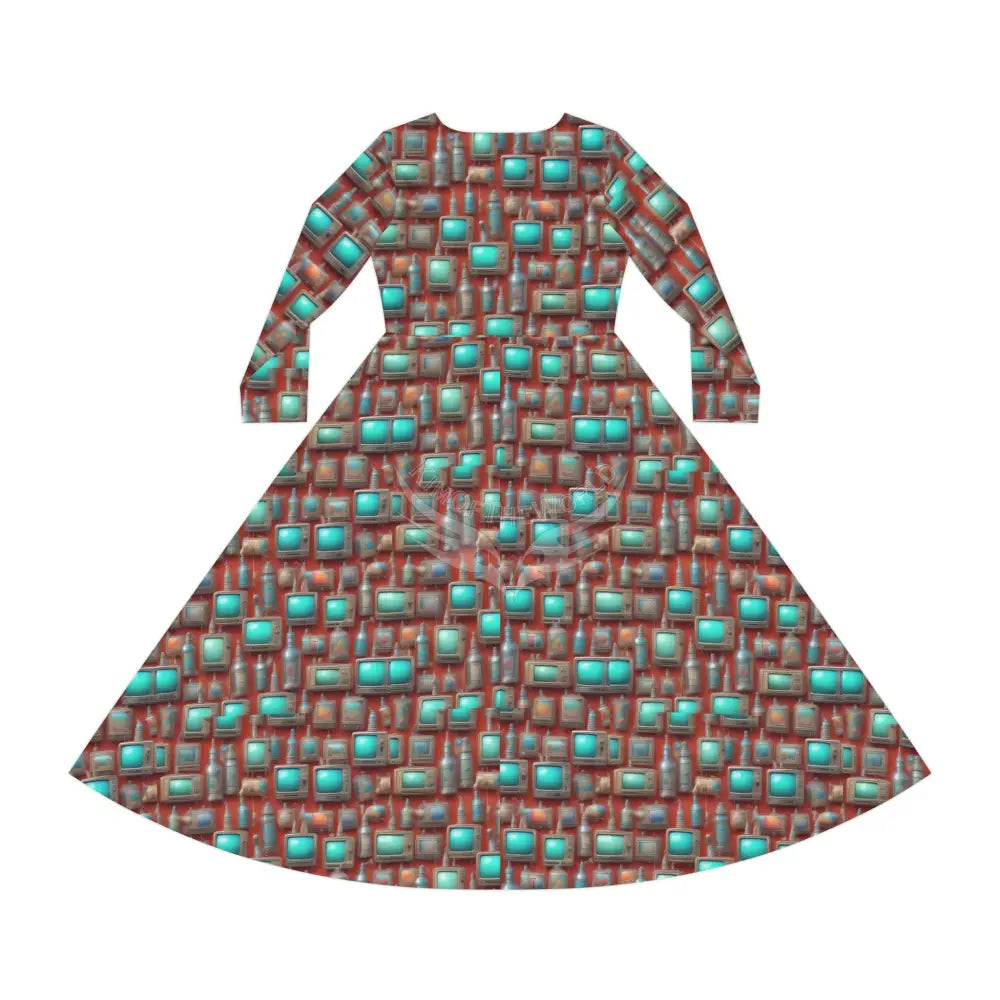Vintage TV Wallpaper Print with Turquoise Dress – Women’s Long Sleeve AOP L All Over Prints