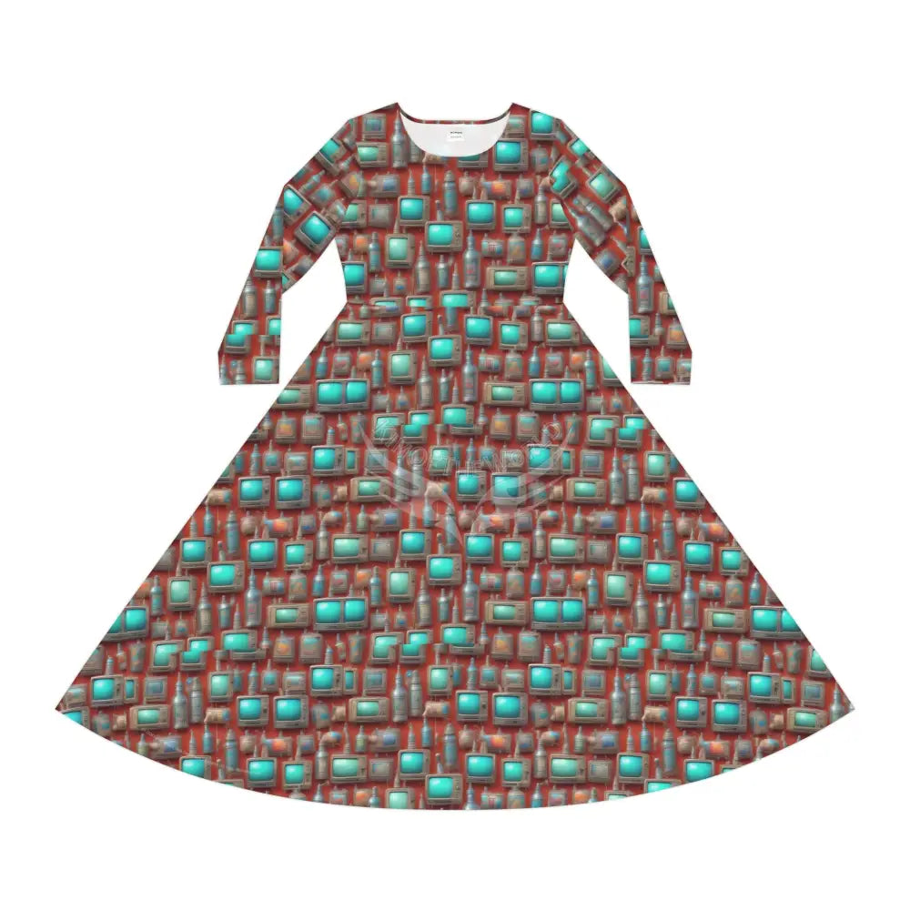 Vintage TV Wallpaper Print with Turquoise Dress – Women’s Long Sleeve AOP L All Over Prints