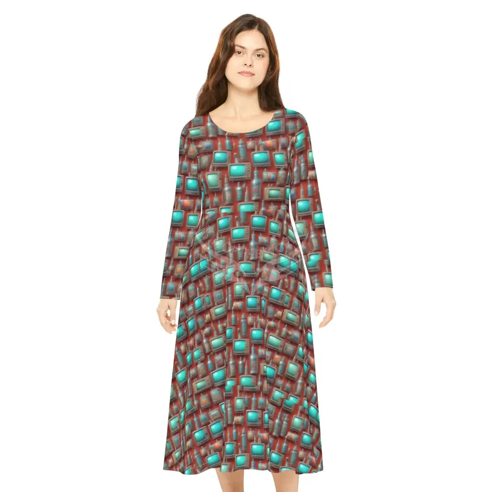 Vintage TV Wallpaper Print with Turquoise Dress – Women’s Long Sleeve AOP L All Over Prints