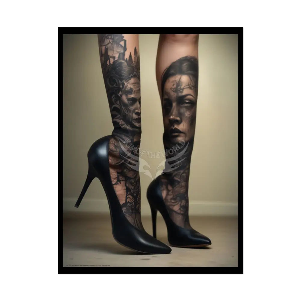 Weird Mismatched Giant High Heel Shoes - Lace Face Boot Feet Shoe High Heel Art Print Poster 18″ x 24″ (Vertical)