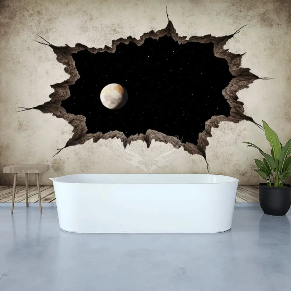 White Cracked Wall 3d Breakout Moon Window Unpasted Mural Wallpaper 144’’x100’’ 144’’x100’’ Wall Coverings