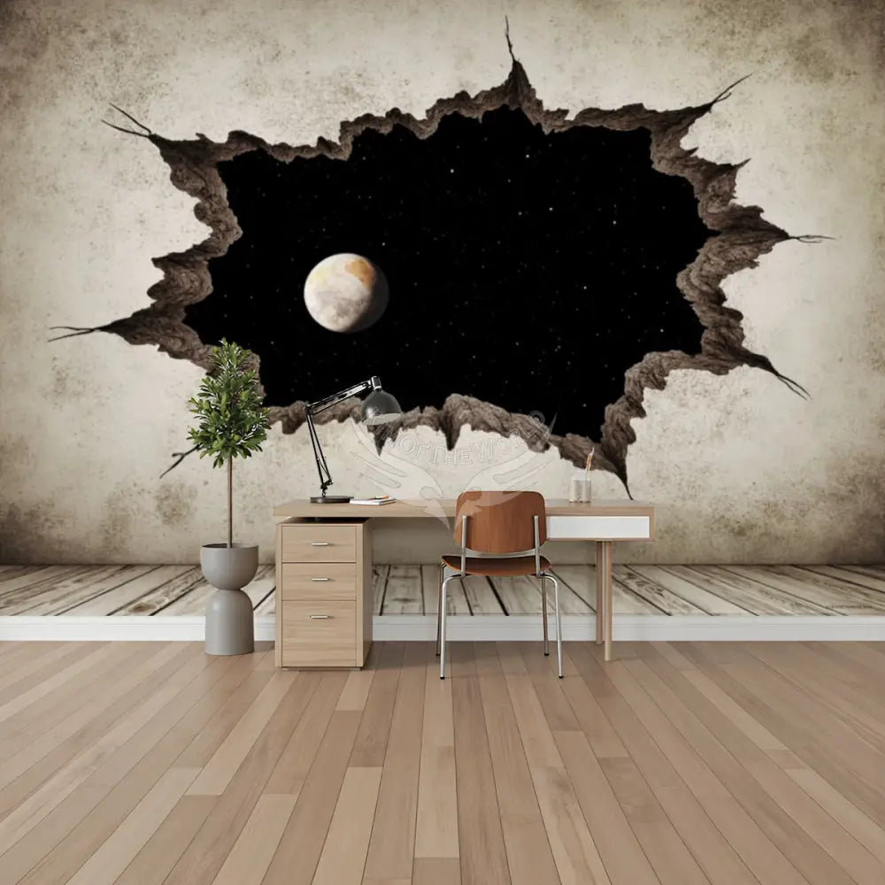 White Cracked Wall 3d Breakout Moon Window Unpasted Mural Wallpaper 144’’x100’’ 144’’x100’’ Wall Coverings
