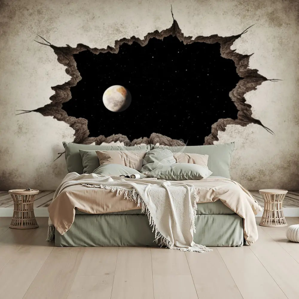 White Cracked Wall 3d Breakout Moon Window Unpasted Mural Wallpaper 144’’x100’’ 144’’x100’’ Wall Coverings