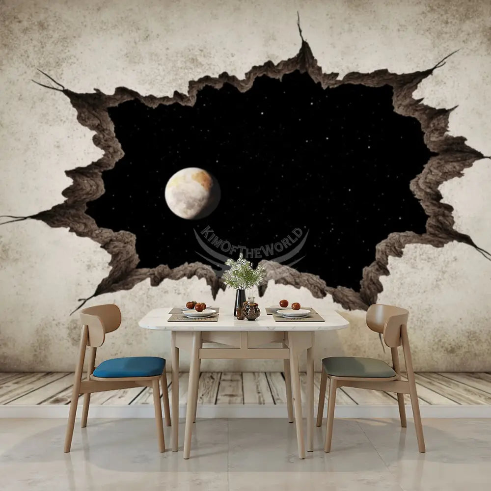 White Cracked Wall 3d Breakout Moon Window Unpasted Mural Wallpaper 144’’x100’’ 144’’x100’’ Wall Coverings