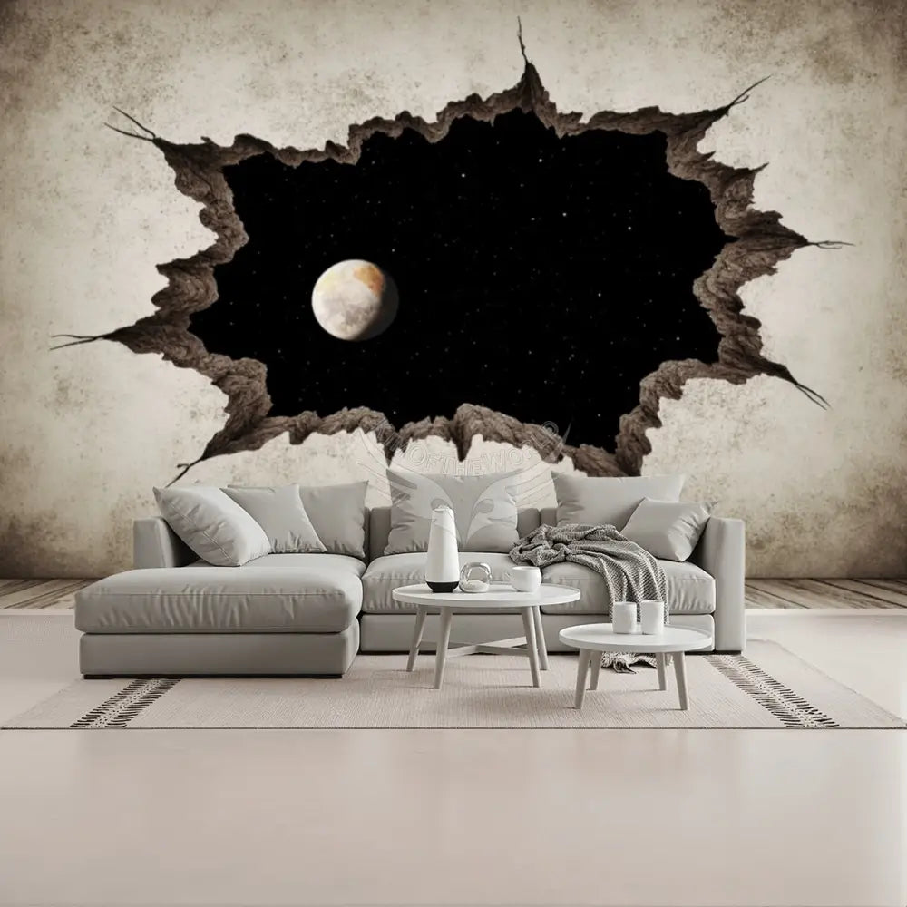 White Cracked Wall 3d Breakout Moon Window Unpasted Mural Wallpaper 144’’x100’’ 144’’x100’’ Wall Coverings
