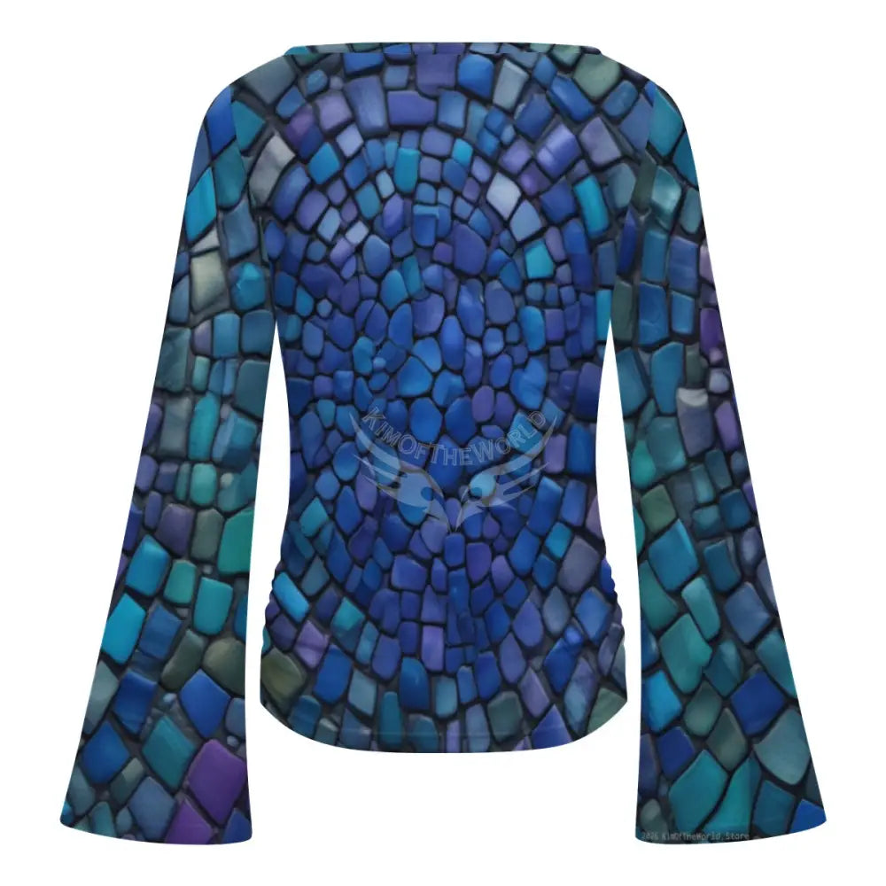 Women’s Boat Neck Flare Sleeve Blue & Green Scale Print Top - Women’s T-shirts