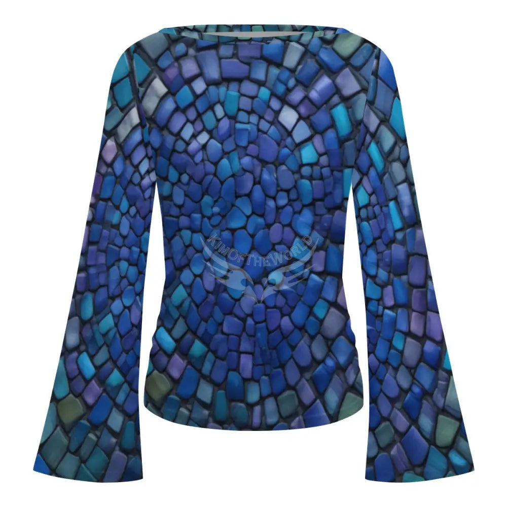 Women’s Boat Neck Flare Sleeve Blue & Green Scale Print Top - Women’s T-shirts