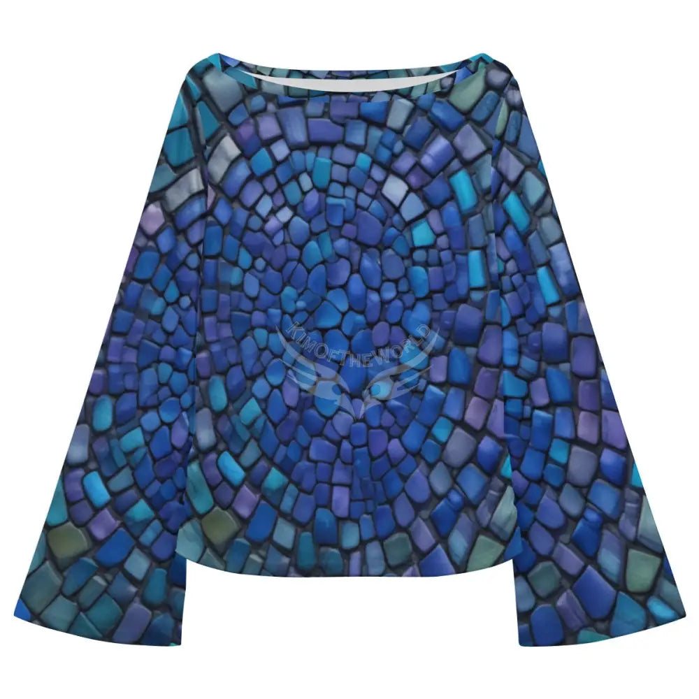 Women’s Boat Neck Flare Sleeve Blue & Green Scale Print Top - Women’s T-shirts