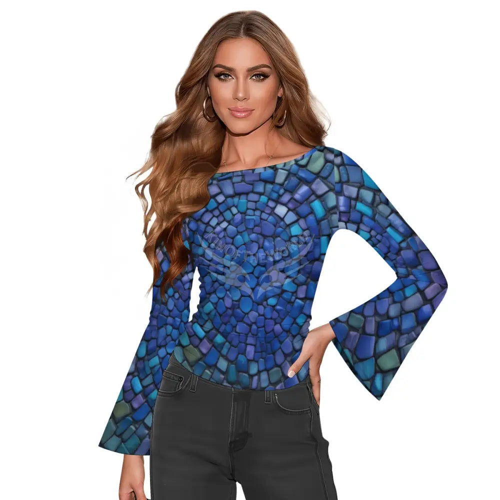 Women’s Boat Neck Flare Sleeve Blue & Green Scale Print Top - XS - Women’s T-shirts