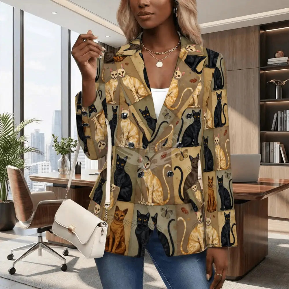 Women’s Casual Blazer - Beige and Black Cat Print Women’s Hoodies