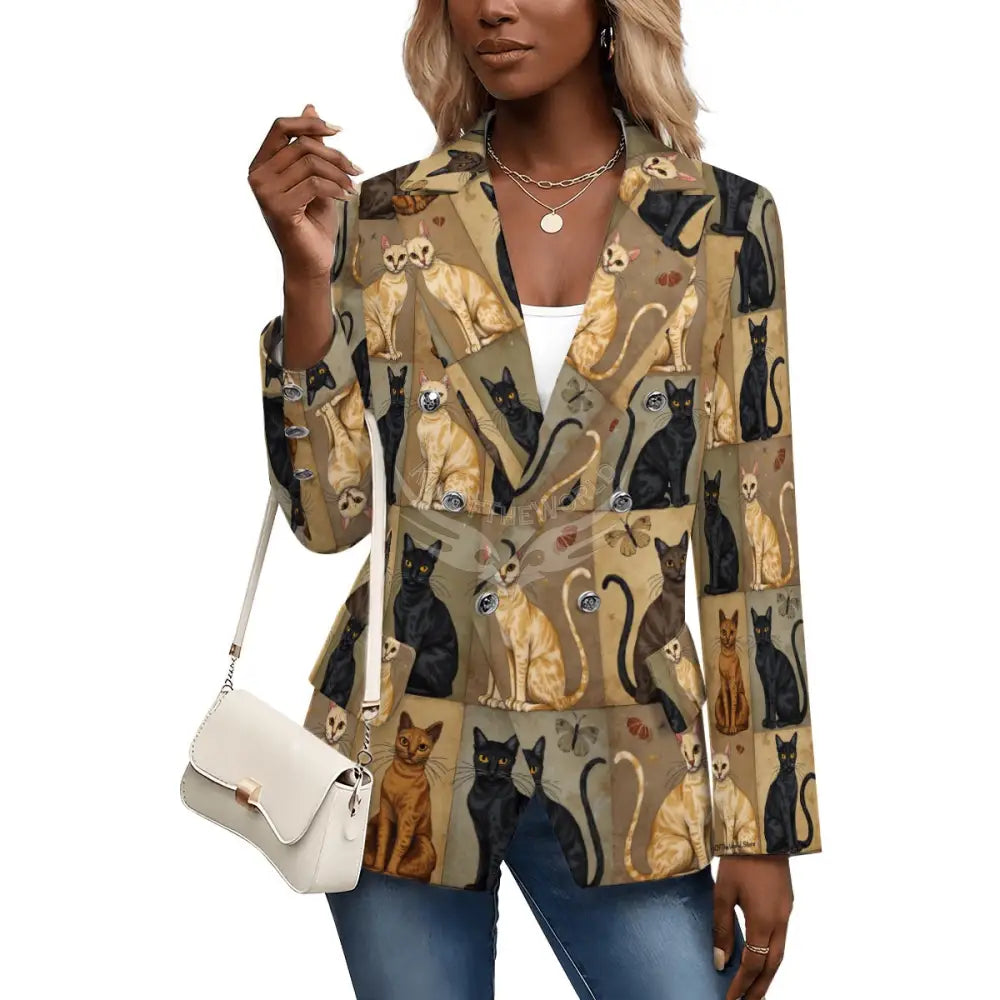 Women’s Casual Blazer - Beige and Black Cat Print S Women’s Hoodies