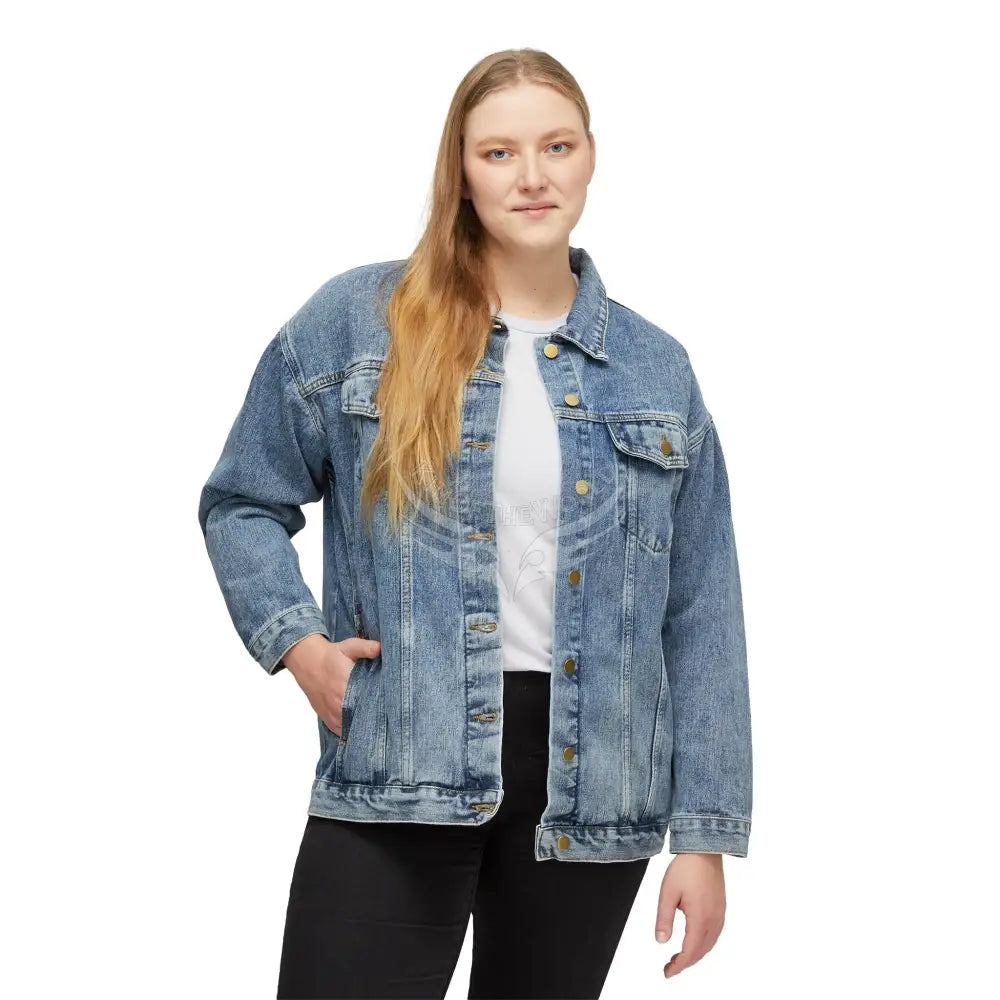 Women’s Denim Jacket with Metallic G7 Back Graphic – Casual Vintage Trucker Coat Outerwear