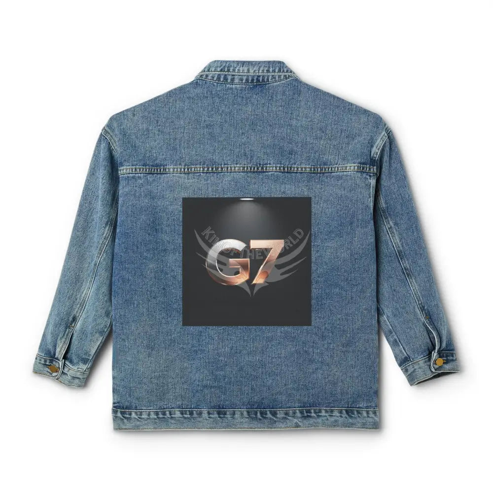 Women’s Denim Jacket with Metallic G7 Back Graphic – Casual Vintage Trucker Coat Outerwear