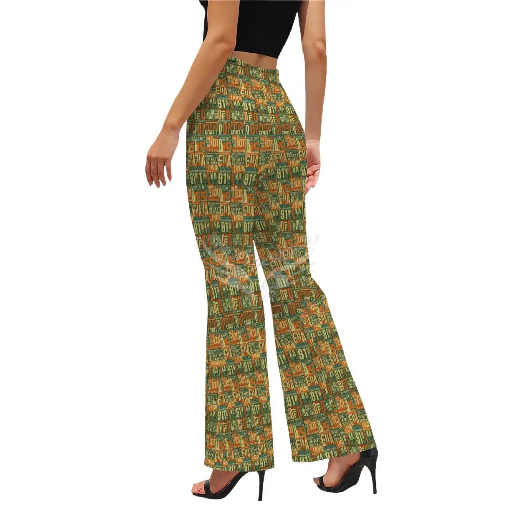 Women’s Flared Pants - Vintage Faux Green Stamp Print Women’s Pants