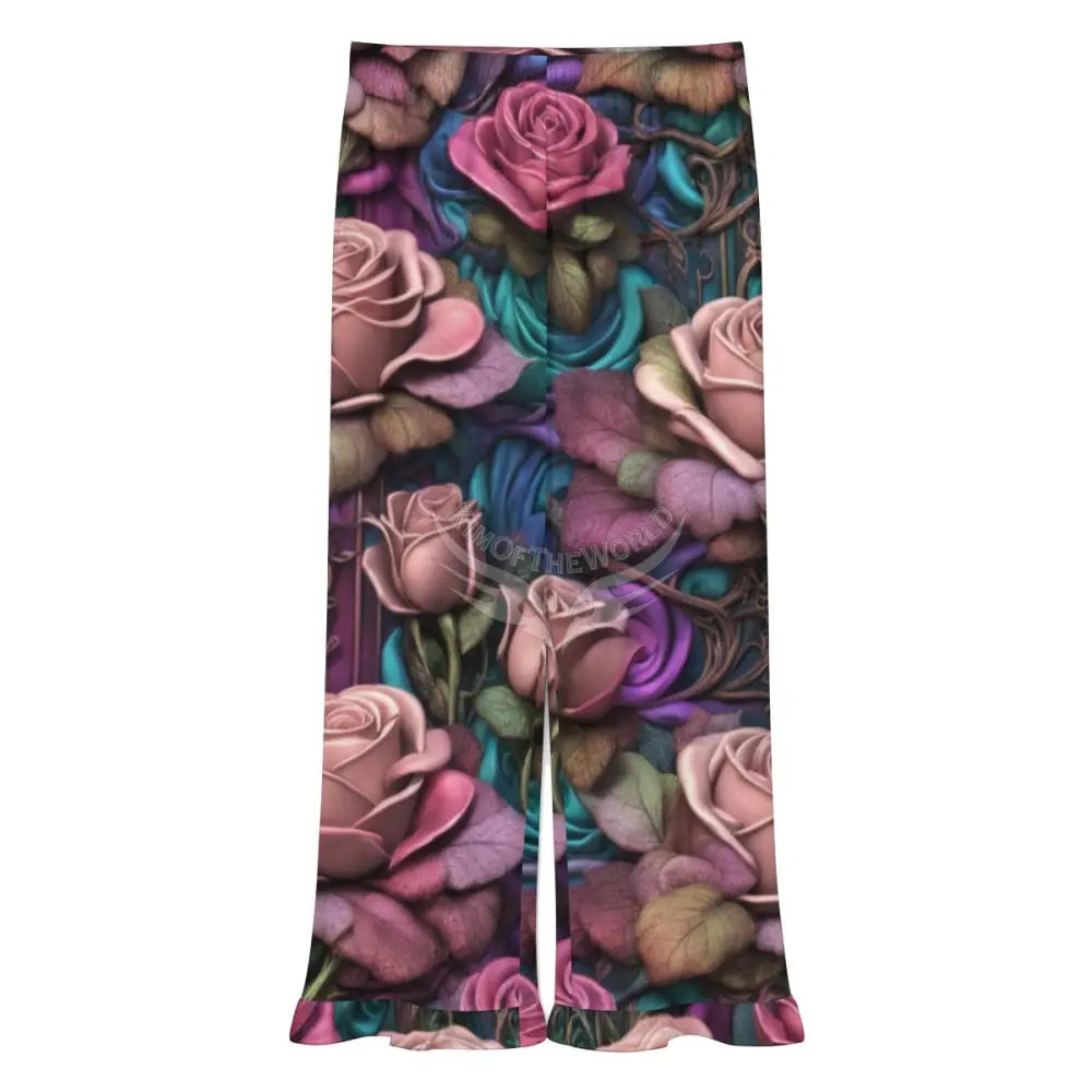 Women’s Ruffled Pajama Pants - Large Gothic Rose Print Women’s Pajamas
