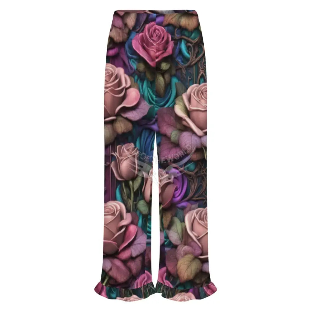 Women’s Ruffled Pajama Pants - Large Gothic Rose Print Women’s Pajamas