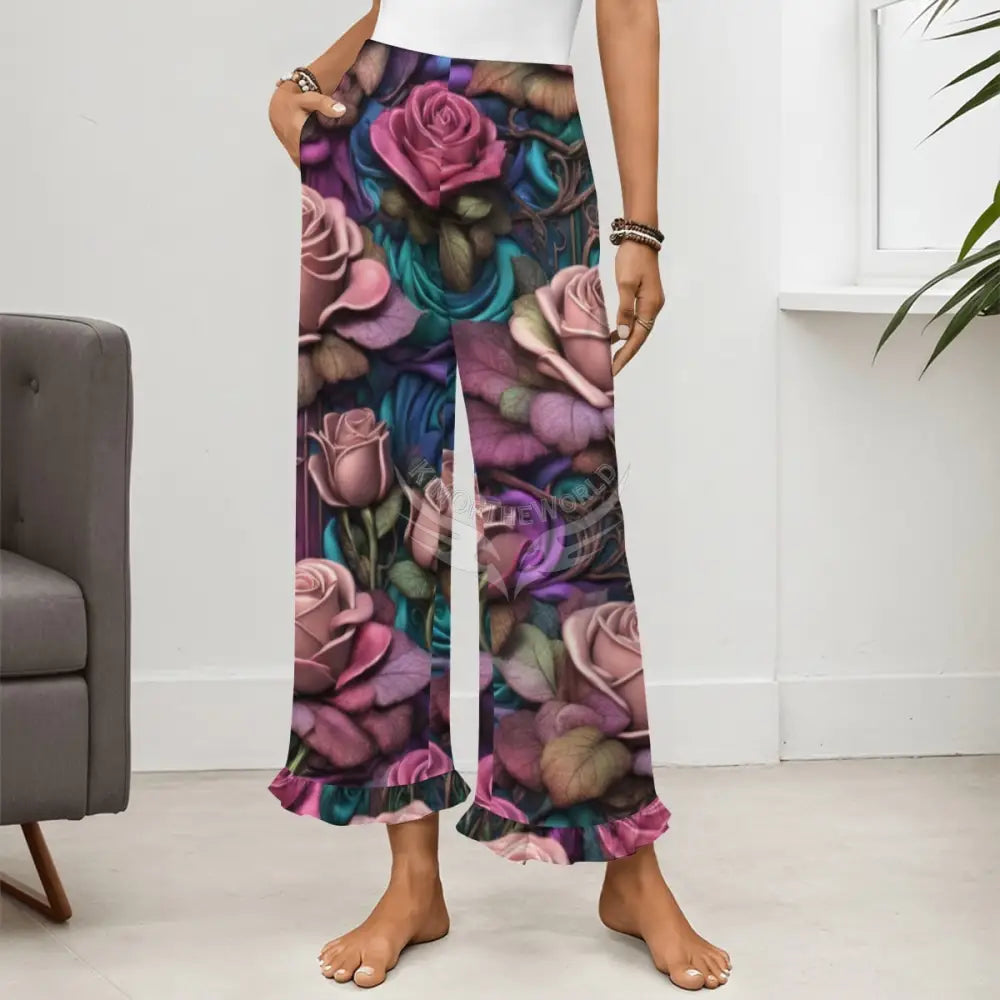 Women’s Ruffled Pajama Pants - Large Gothic Rose Print Women’s Pajamas