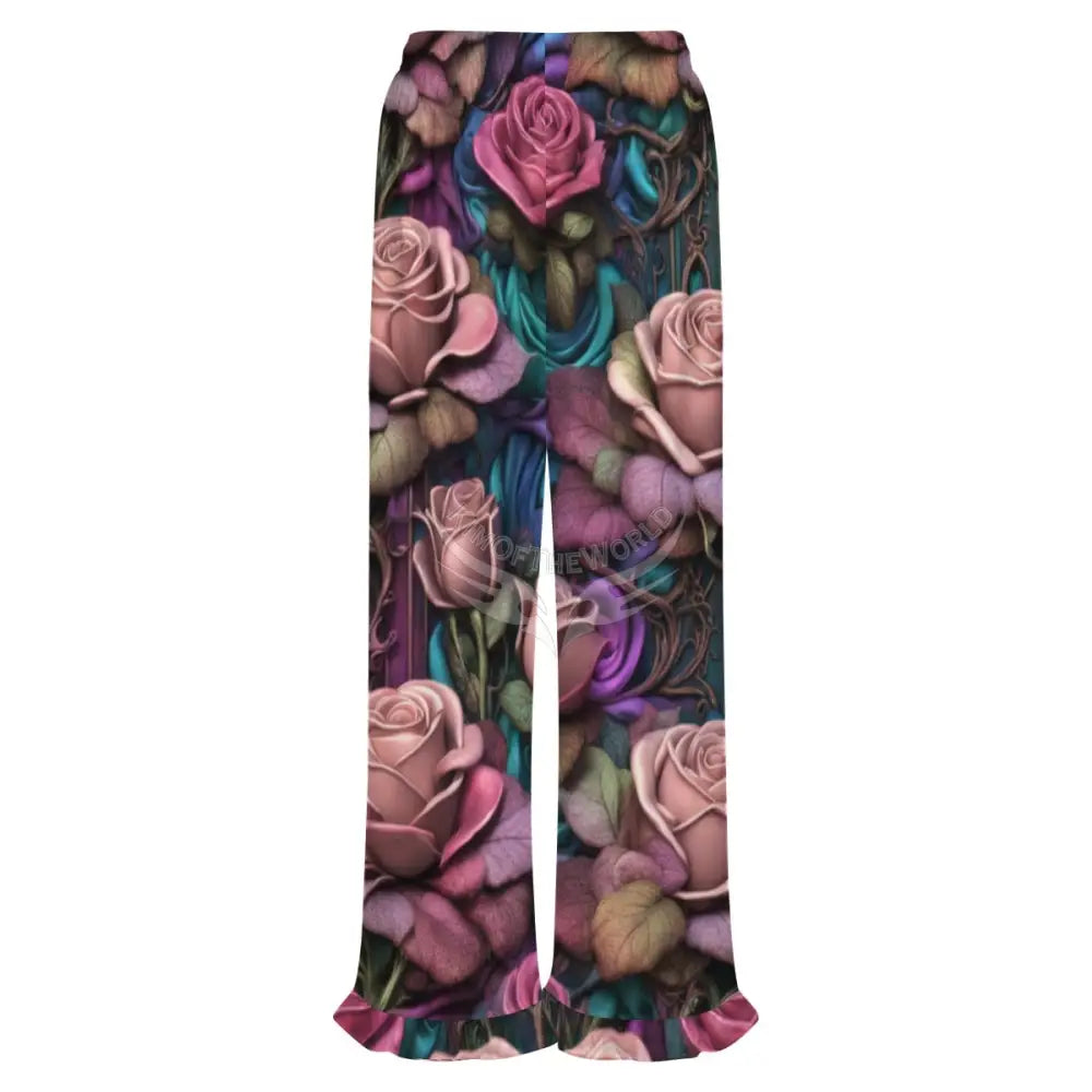 Women’s Ruffled Pajama Pants - Large Gothic Rose Print Women’s Pajamas
