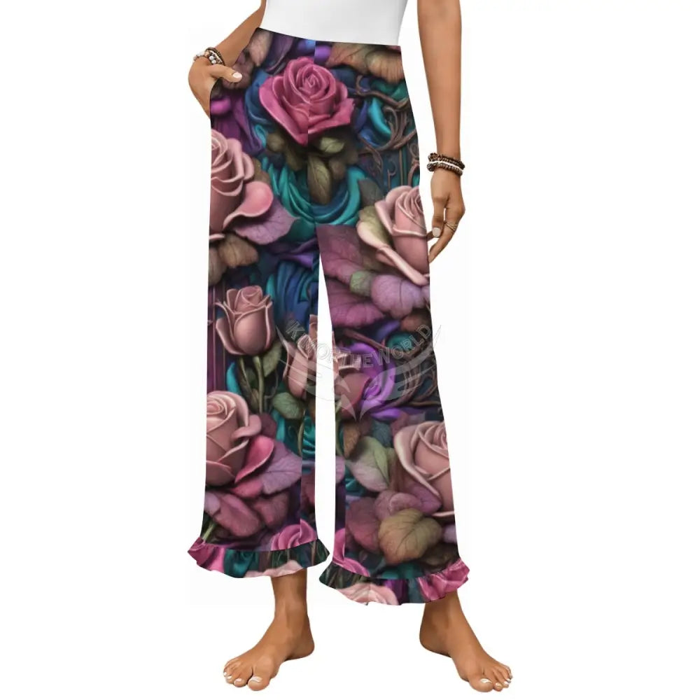 Women’s Ruffled Pajama Pants - Large Gothic Rose Print S Women’s Pajamas